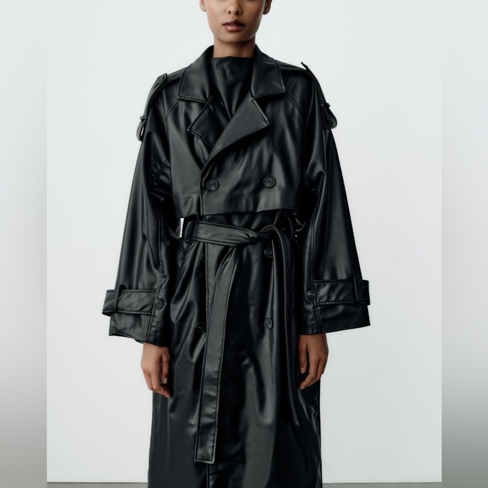 ZARA OVERSIZED FAUX LEATHER TRENCH - Black Size XS